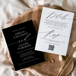 Convites Casamento Minimalista Preto de Dois Lados