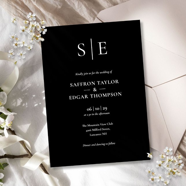 Convites Casamento Minimalista Preto e Branco com Monograma (Black And White Minimalist Monogram Wedding Invitation)
