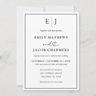Convites Casamento Minimalista Preto e Branco com Monograma
