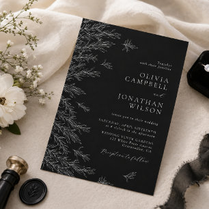 Convites Casamento Minimalista Preto e Branco Folhas Modern