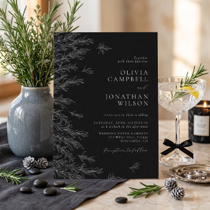 Convites Casamento Minimalista Preto e Branco Folhas Modern