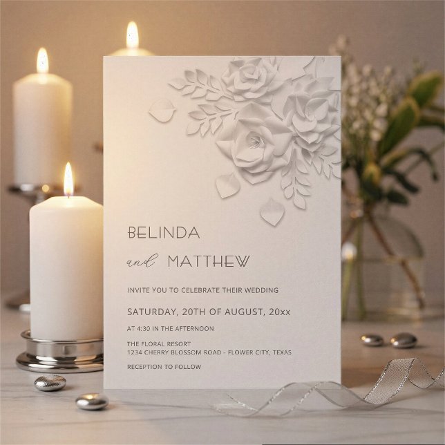 Convites Casamento Minimalista Rosas Flores 3D Brancas (Criador carregado)