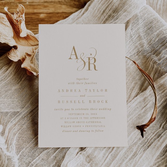 Convites Casamento Minimalista Simples Cream Boho (ANDREA Simple Gold Cream Boho Minimalist Wedding Invitation)