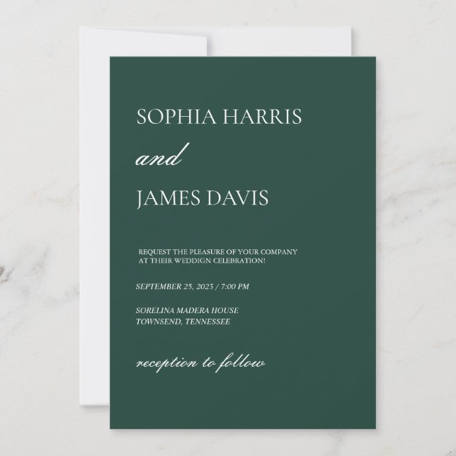 Convites Casamento Minimalista Simples Emerald Verde (Frente)