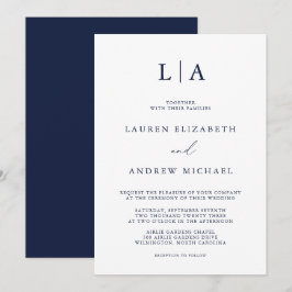 Convites Casamento Minimalista Simples Monograma Azul marin