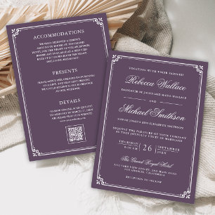 Convites Casamento Minimalista Tudo em Um Código QR Roxo Pó