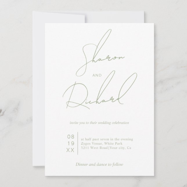 Convites Casamento minimalista verde da caligrafia (Frente)