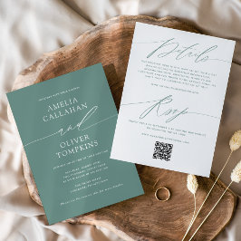 Convites Casamento Minimalista Verde de Dois Lados