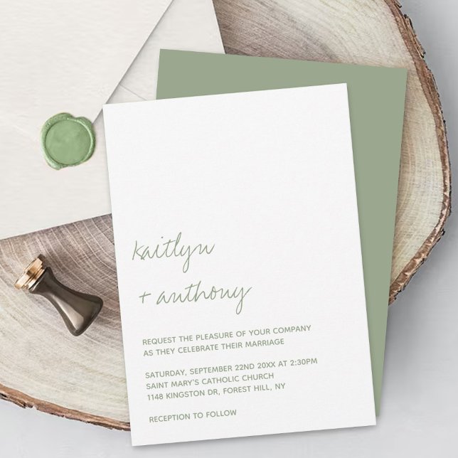 Convites Casamento Minimalista Verde do Script Moderno (Criador carregado)