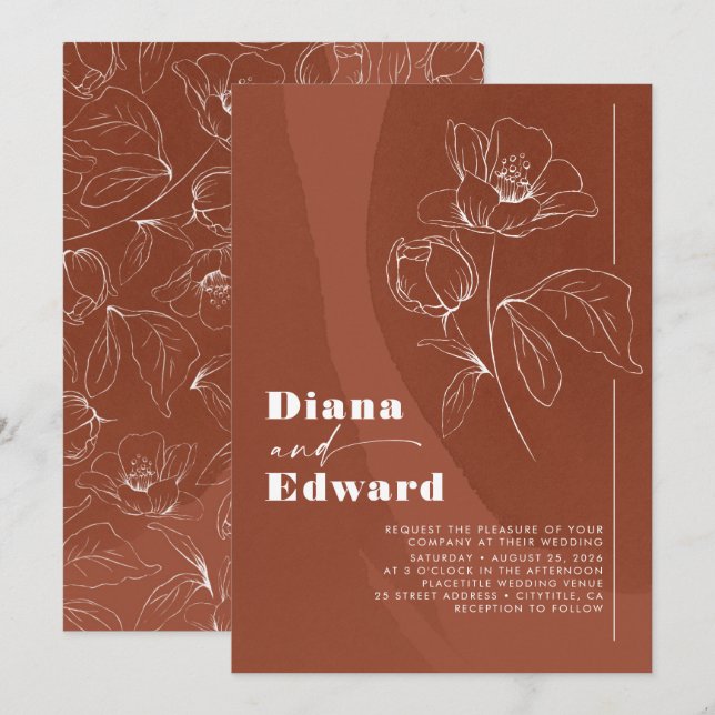 Convites Casamento Minimalista White e Terracotta Boho (Frente/Verso)