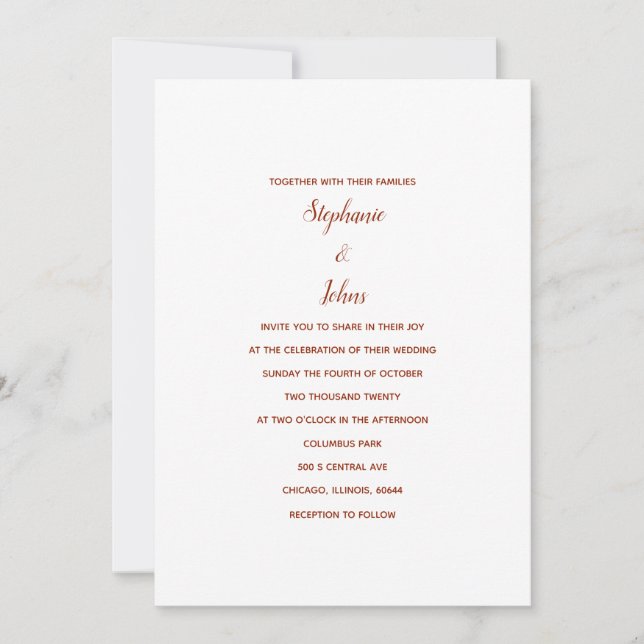 Convites Casamento Mínimo 2024 do Terracotta White Classic (Frente)