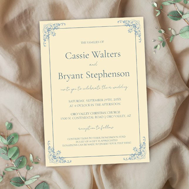 Convites Casamento Mínimo Azul Pedrejado Amarelo da Manteig (Elegant butter yellow and dusty blue simple vintage wedding invitation for old money romantic event)