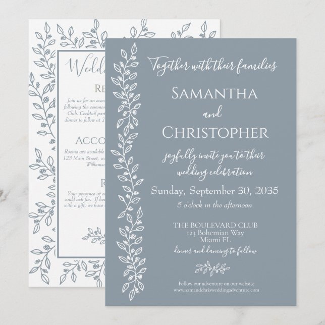 Convites Casamento Mínimo Botânico Dusty Blue Modern Boho (Frente/Verso)