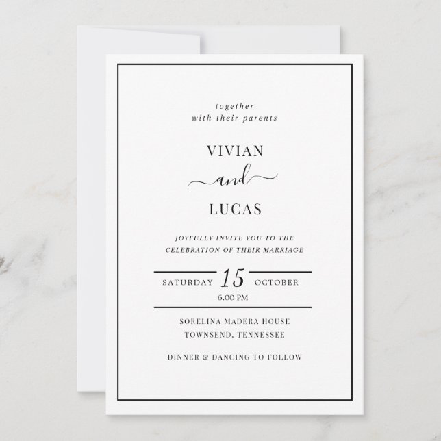 Convites Casamento Mínimo Branco e Negro Moderno (Frente)