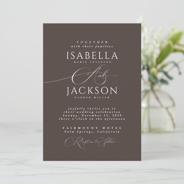 Convites Casamento Mínimo da Caligrafia Formal Mocha Brown (Em pé/Frente)