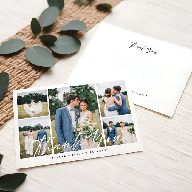 Convites Casamento mínimo de 5 fotos de Colagem de Escovas  (Minimal 5 Photo Collage White Brush Script Wedding Invitation)