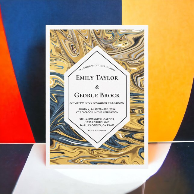 Convites Casamento Mínimo De Arte Por Ondas Negras E Dourad (Criador carregado)