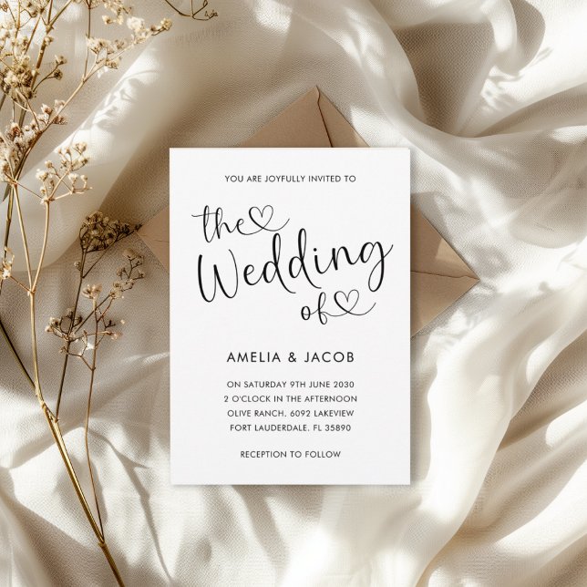 Convites Casamento mínimo de caligrafia em preto e branco (Criador carregado)