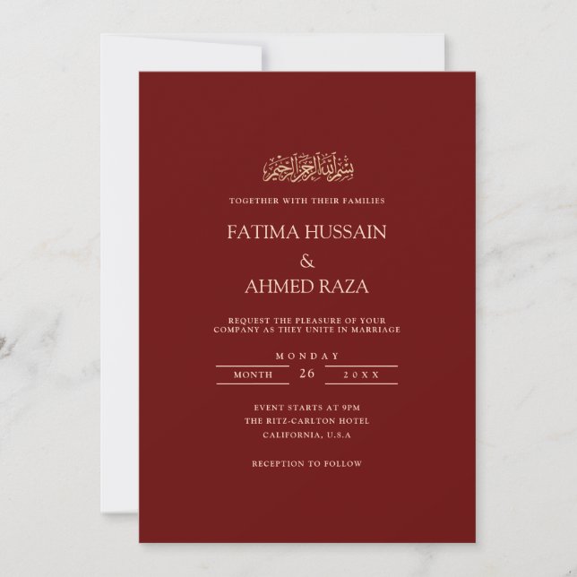 Convites Casamento Mínimo de Escrita Dourada de Borgonha  M (Frente)