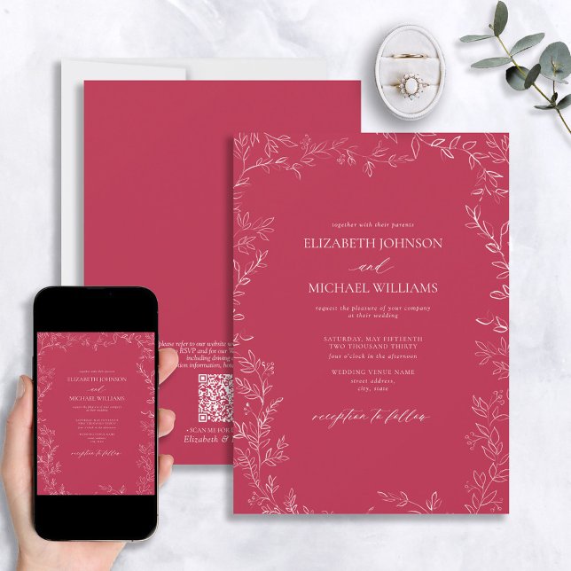 Convites Casamento Mínimo de Folha Magenta com Elegante de  (Criador carregado)
