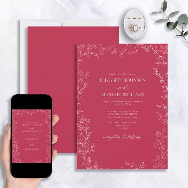 Convites Casamento Mínimo de Folha Magenta Moderno Elegante (Criador carregado)