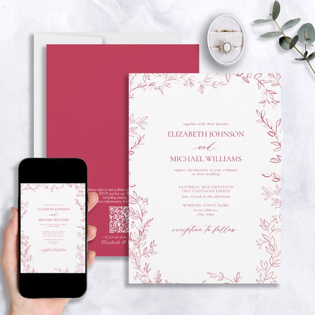 Convites Casamento Mínimo de Folha Vivid Magenta do Código  (Criador carregado)
