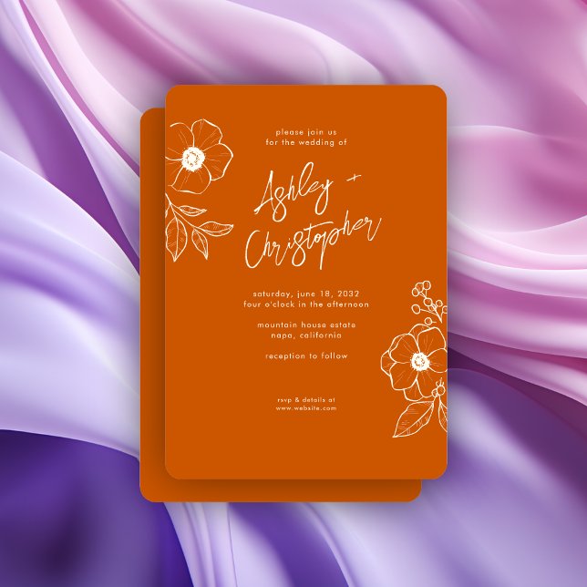 Convites Casamento Mínimo De Laranja De Queimado Botânico (Criador carregado)