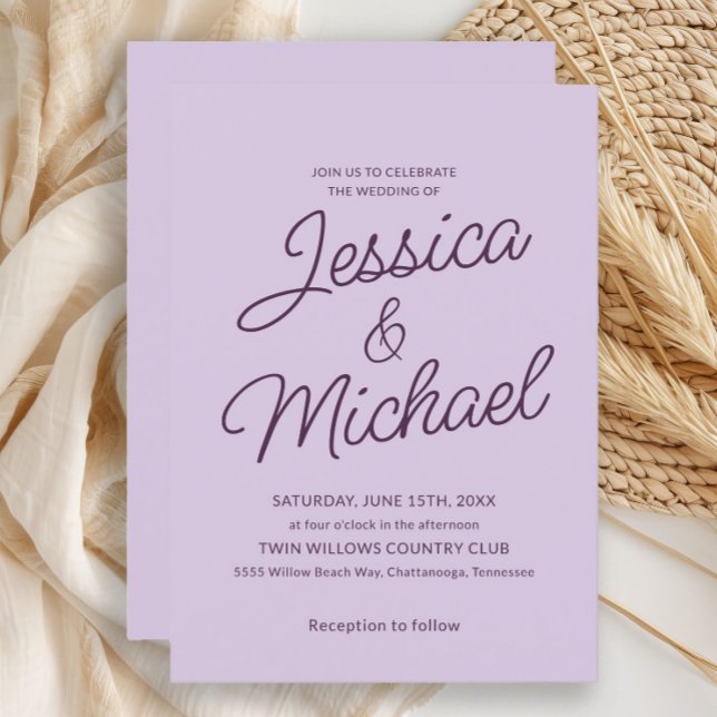 Convites Casamento Mínimo de Lilac Plum Purple Script (Lavender and plum purple wedding invitation)