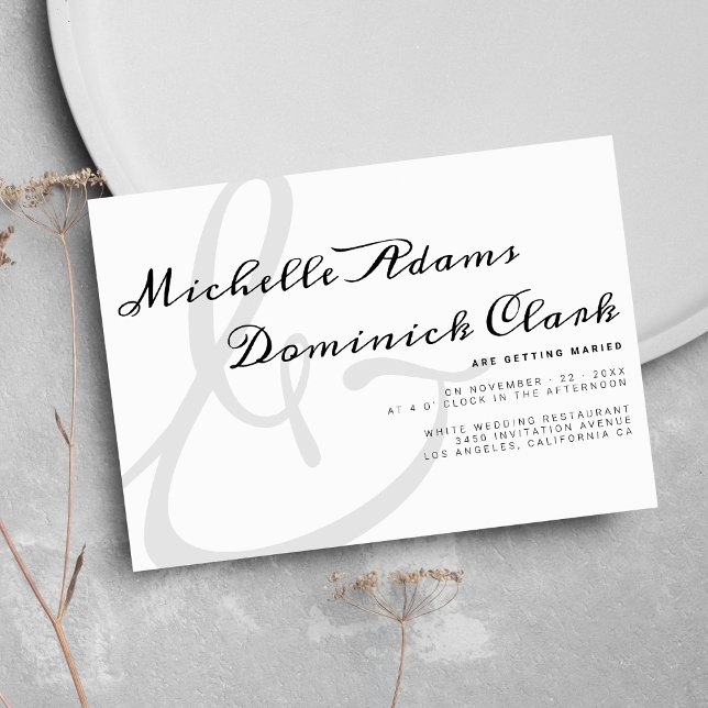 Convites Casamento mínimo de manuscrito branco preto e bran (Minimalist black white script ampersand wedding)