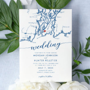 Convites Casamento Mínimo de Mapa Moderno da Ilha Rhode