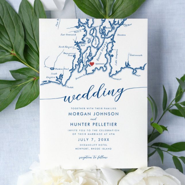 Convites Casamento Mínimo de Mapa Moderno da Ilha Rhode (Newport Rhode Island Wedding Invitation with a minimal modern elegant map design in navy blue )