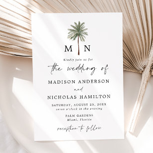 Convites Casamento Mínimo de Monograma de Árvore Palm