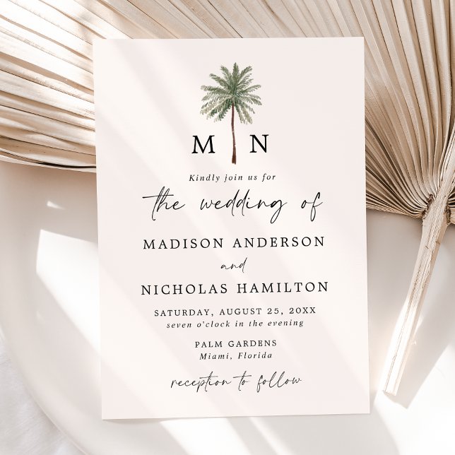 Convites Casamento Mínimo de Monograma de Árvore Palm (Criador carregado)