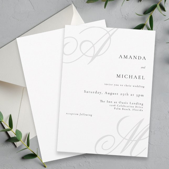 Convites Casamento Mínimo de Monograma de Borda Moderna (A simple minimalist wedding invitation with elegant layout and styling.)