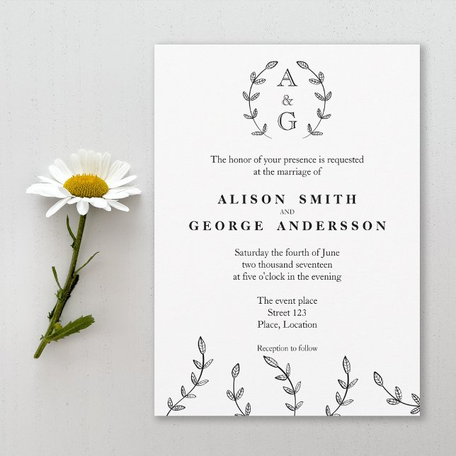 Convites Casamento Mínimo De Monograma De Verrugas Pretas E (This design is ideal for anyone who likes a minimalist black and white style with a touch of nature.)