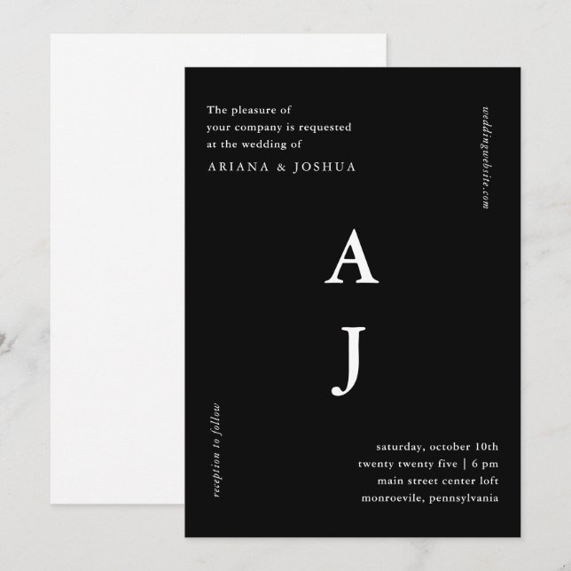 Convites Casamento Mínimo de Monograma Preto e Branco (Frente/Verso)