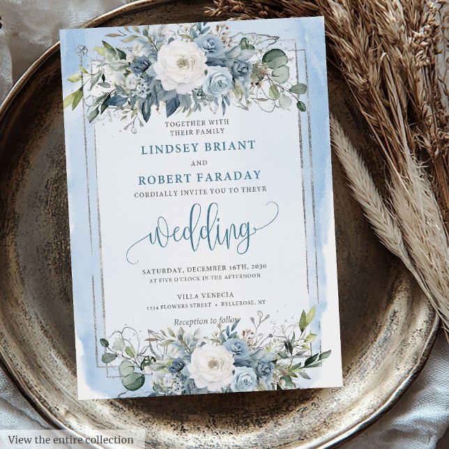 Convites Casamento Mínimo de Pastel Blue Silver Peonies (Minimal Pastel Blue White Silver Peonies Wedding Invitation)