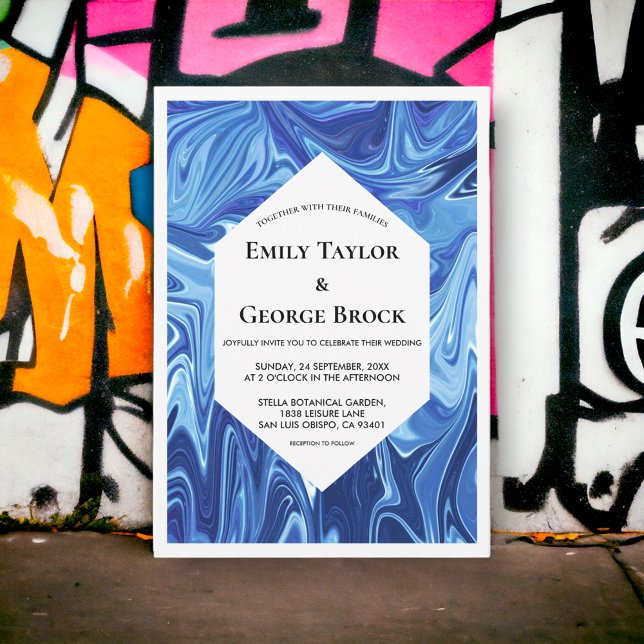 Convites Casamento mínimo de pintura de óleo azul Abstrato  (Criador carregado)