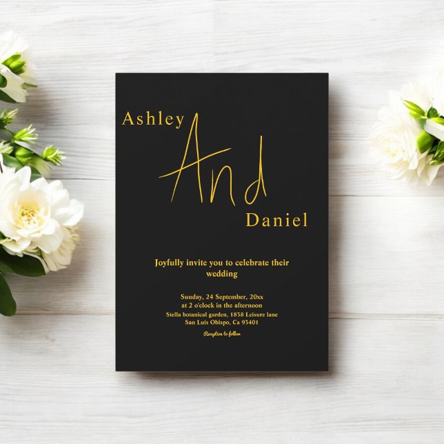 Convites Casamento Mínimo De Preto Chic E Elegante Dourado (Criador carregado)