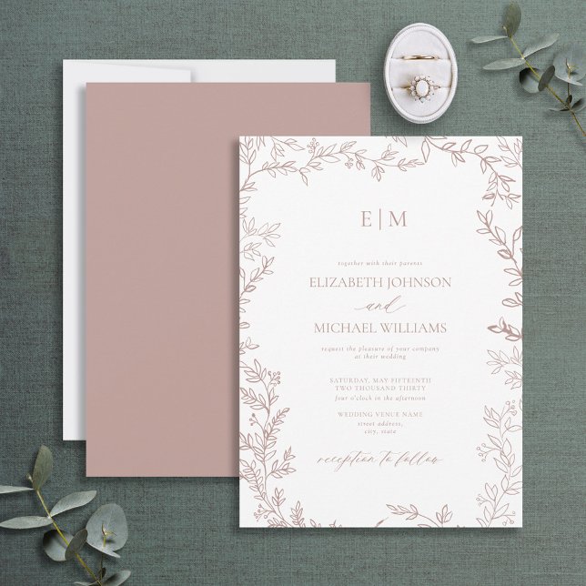 Convites Casamento Mínimo de Rosa de Pão Elegante Monograma (Criador carregado)