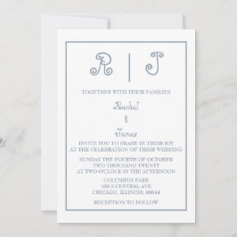 Convites Casamento Mínimo de Script Elegante Monograma Azul