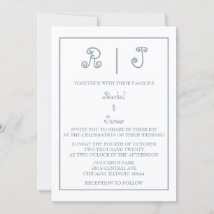Convites Casamento Mínimo de Script Elegante Monograma Azul