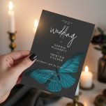 Convites Casamento Mínimo de Teal Mal Escuro<br><div class="desc">Este design de convite para o casamento apresenta um tema escuro e melancólico que é simples, mas atordoante. Um fundo negro de carvão negro é a canvas perfeita para uma mariposa azul-azul-lacrimejante solteiro, suas asas se espalham para o voo. Único e elegante, este design pode ser usado em qualquer estação....</div>