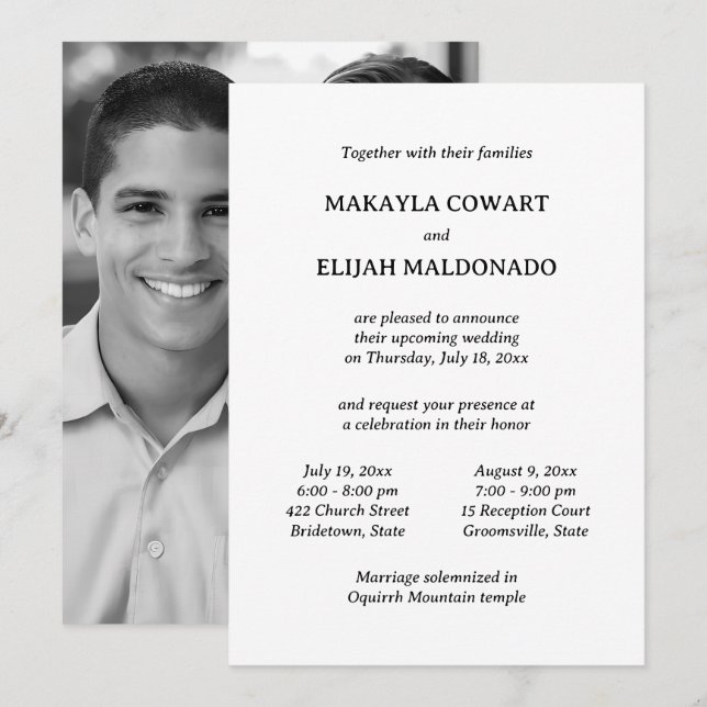 Convites Casamento mínimo de templo preto/branco duas recep (Frente/Verso)