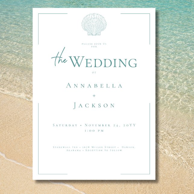 Convites Casamento Mínimo de Tipografia Aqua & White Shell (Minimal Typography Aqua White Shell Wedding Invitation)