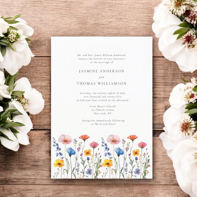 Convites Casamento mínimo do bote selvagem Elegante (wildflower wedding invitation , modern simple elegance , country garden feel, )