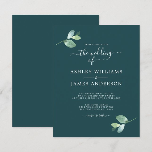 Convites Casamento Mínimo do Eucalyptus Foliage em Script C (Frente/Verso)