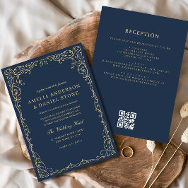 Convites Casamento Mínimo Dourado Azul do Código QR