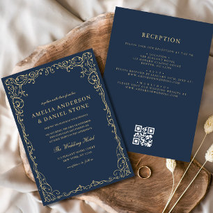 Convites Casamento Mínimo Dourado Azul do Código QR