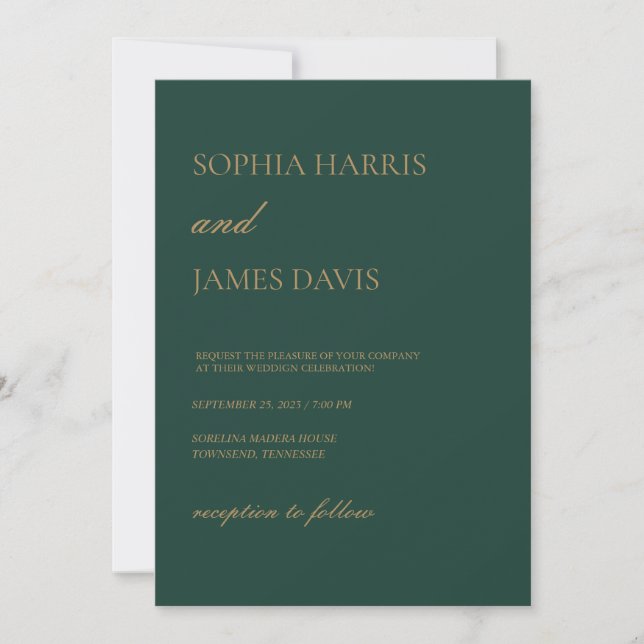 Convites Casamento Mínimo Dourado e Simples Emerald Green (Frente)